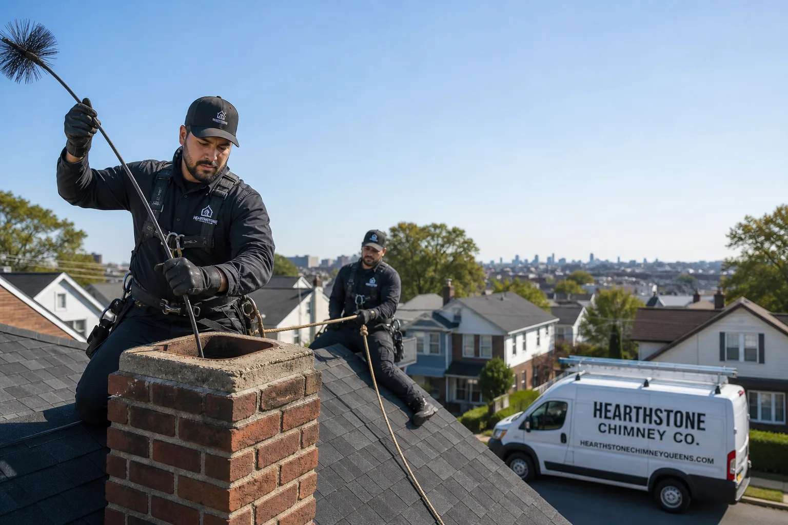 Hearthstone Chimney Co. chimney cleaning service vehicle and crew in Queens, NY